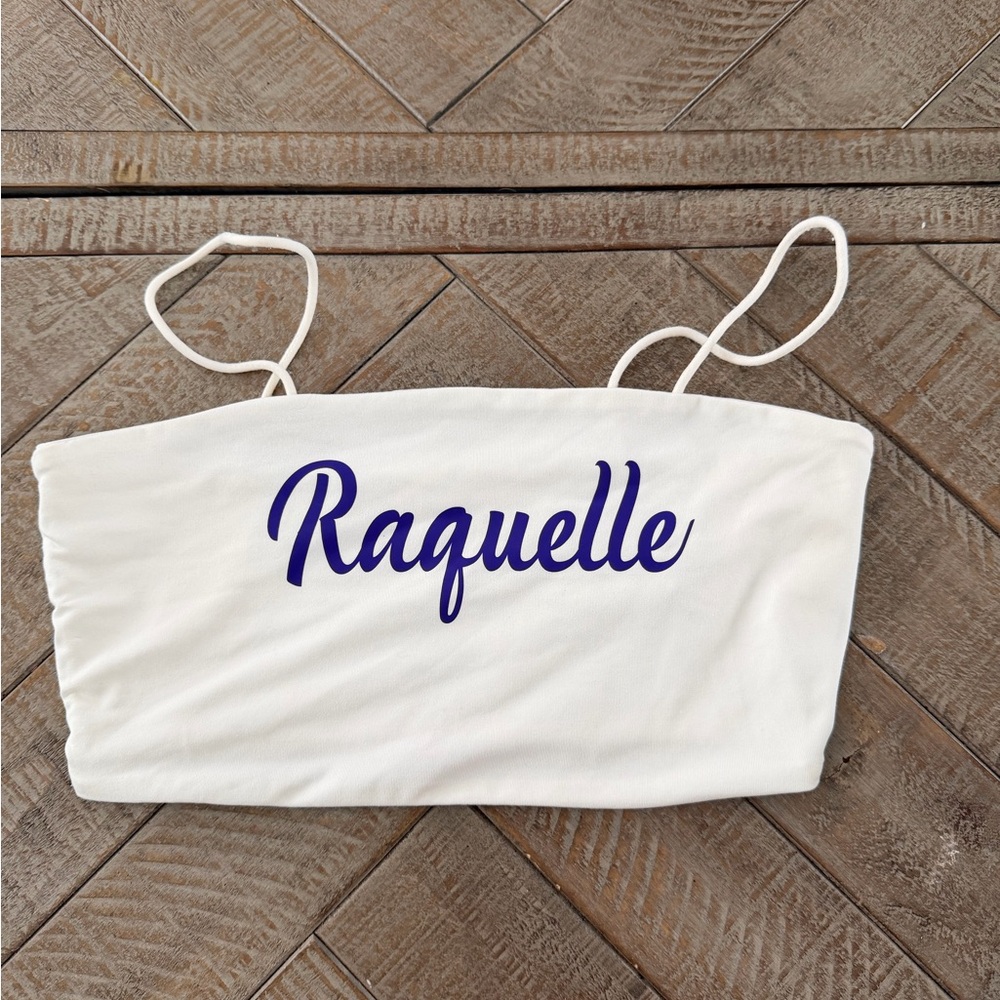 Source Unknown White Crop Top with Blue Text